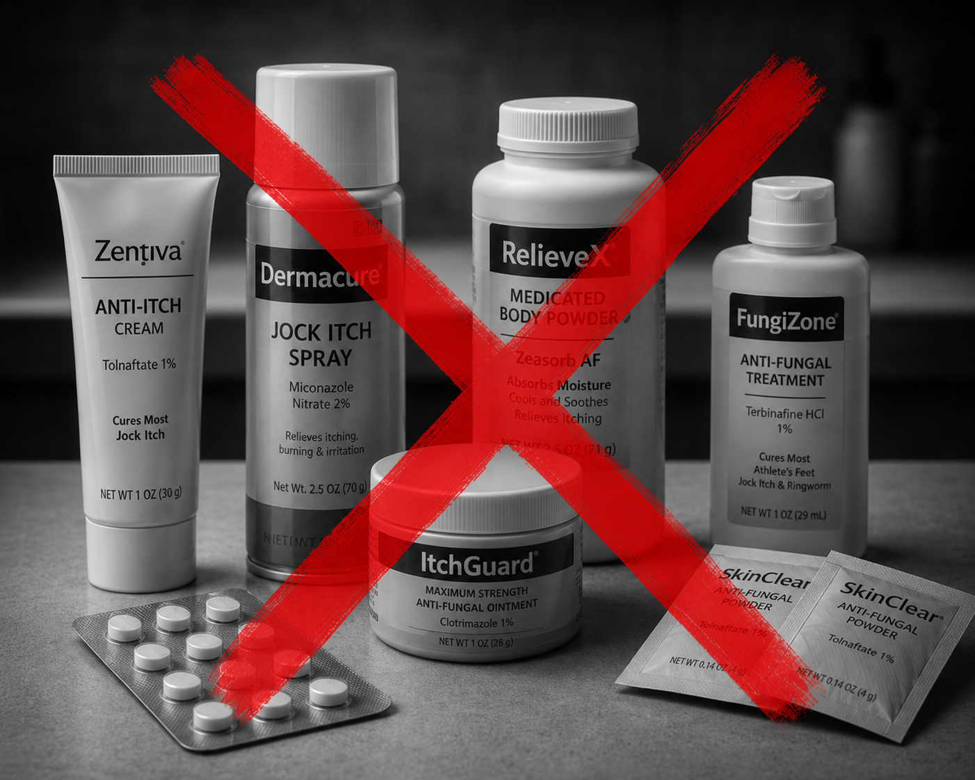 A black and white photo of various anti-fungal treatments with a large red X drawn over them.