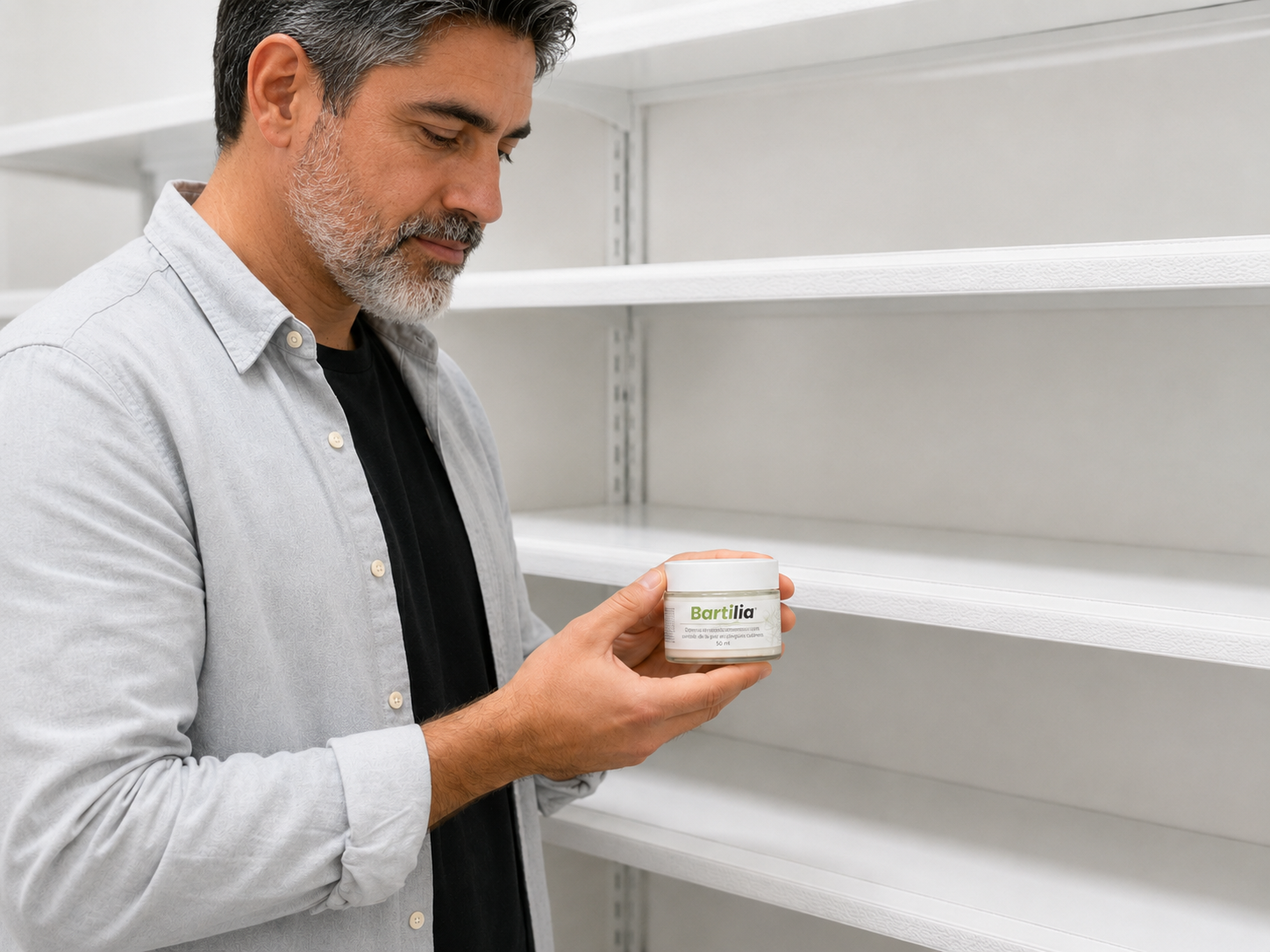 A middle-aged man with a graying beard holds a small white jar while standing before empty white shelves.
