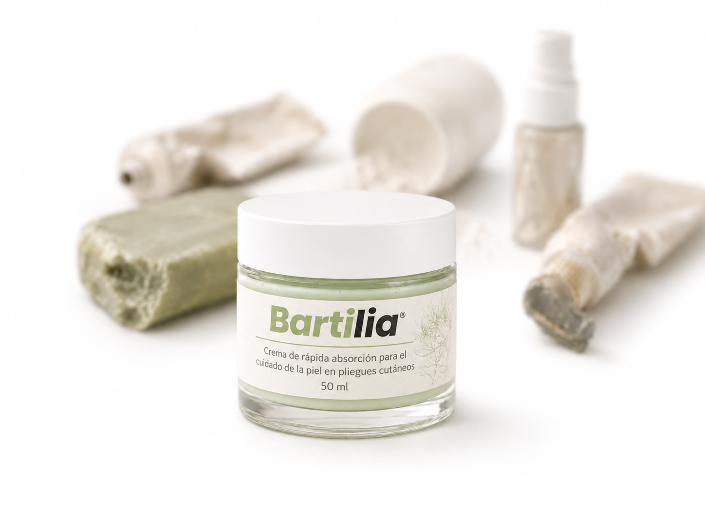 A man in a white coat holds up a jar of Bartilia cream towards the camera.