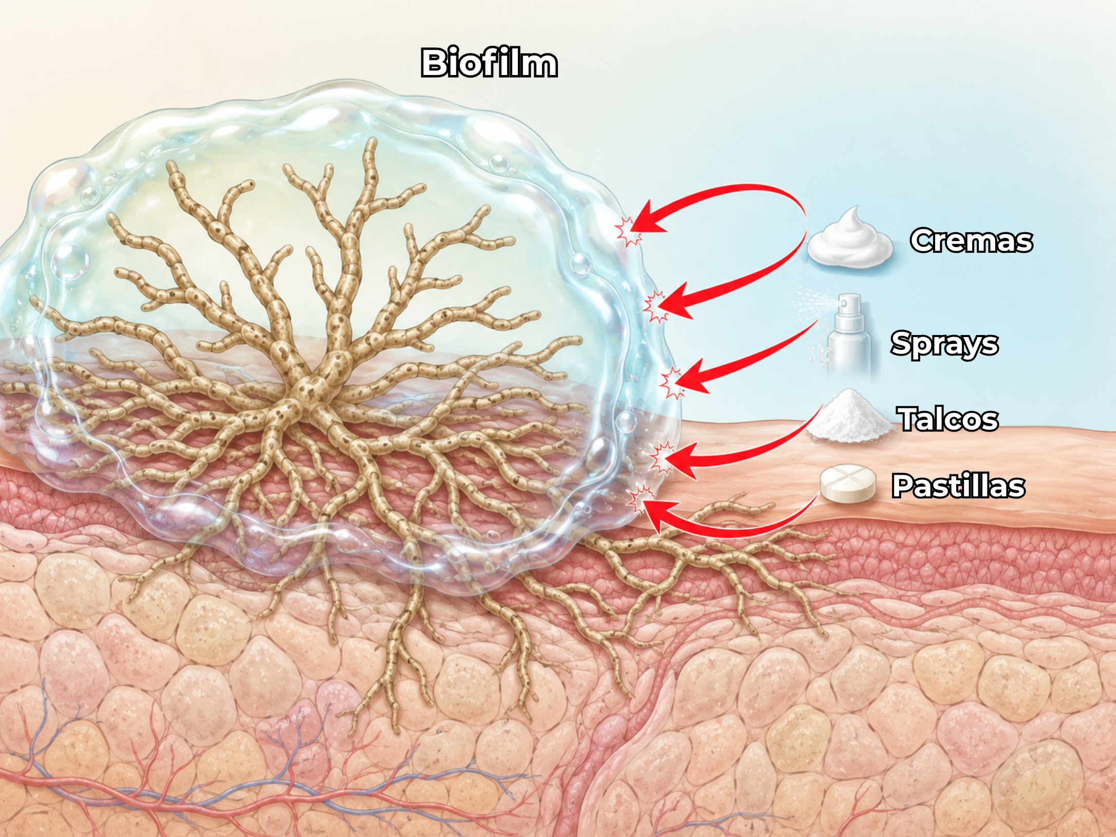 A medical diagram in Spanish showing a biofilm on skin and treatments like creams, sprays, powders, and pills.