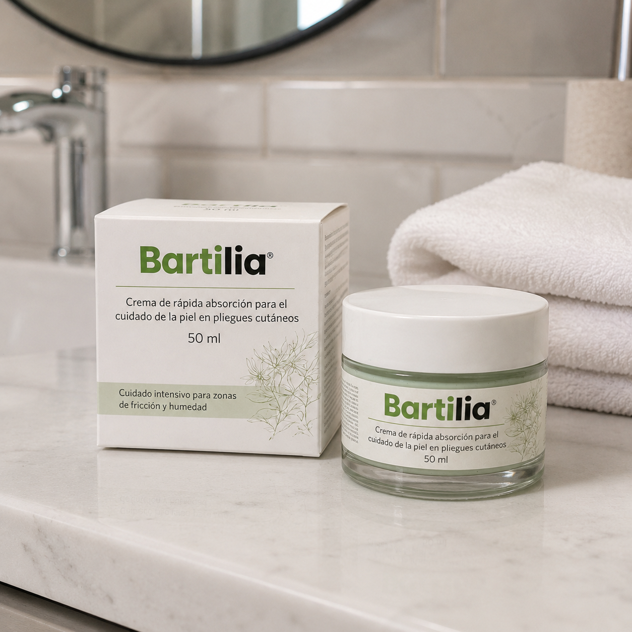 A box and jar of Bartilia cream on a marble bathroom counter next to white towels.