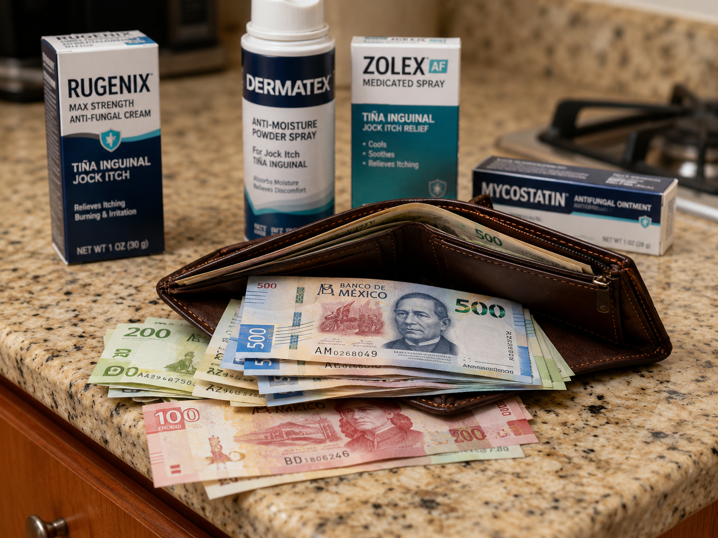 A wallet filled with Mexican pesos sits on a counter behind several boxes of jock itch medication.
