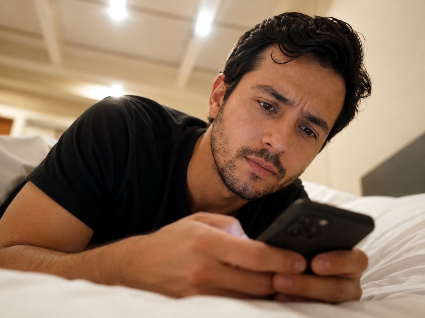 A man with a concerned expression lies on a bed and looks at his phone.