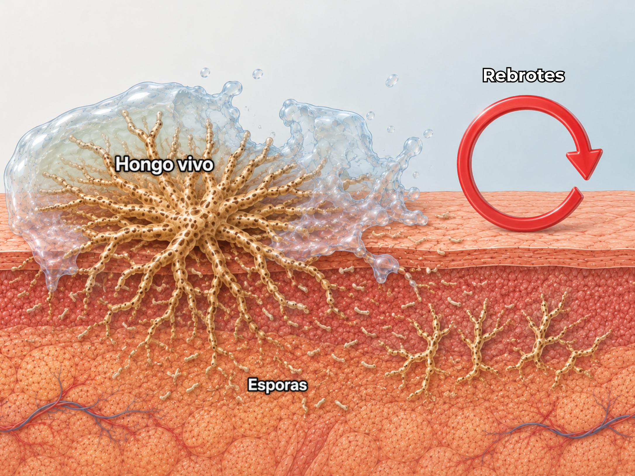 An illustration of a fungal infection on skin, showing its structure and regrowth cycle with labels in Spanish.