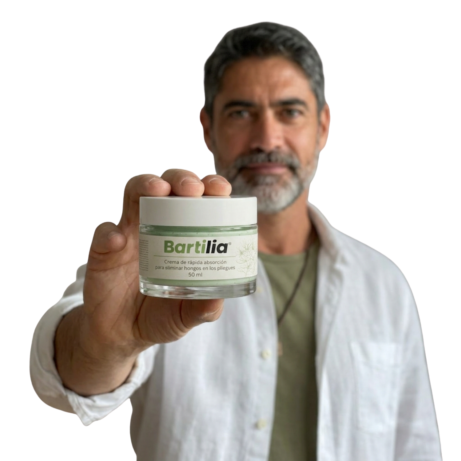 A man with a beard wearing a white coat holds up a small jar of Bartilia cream.