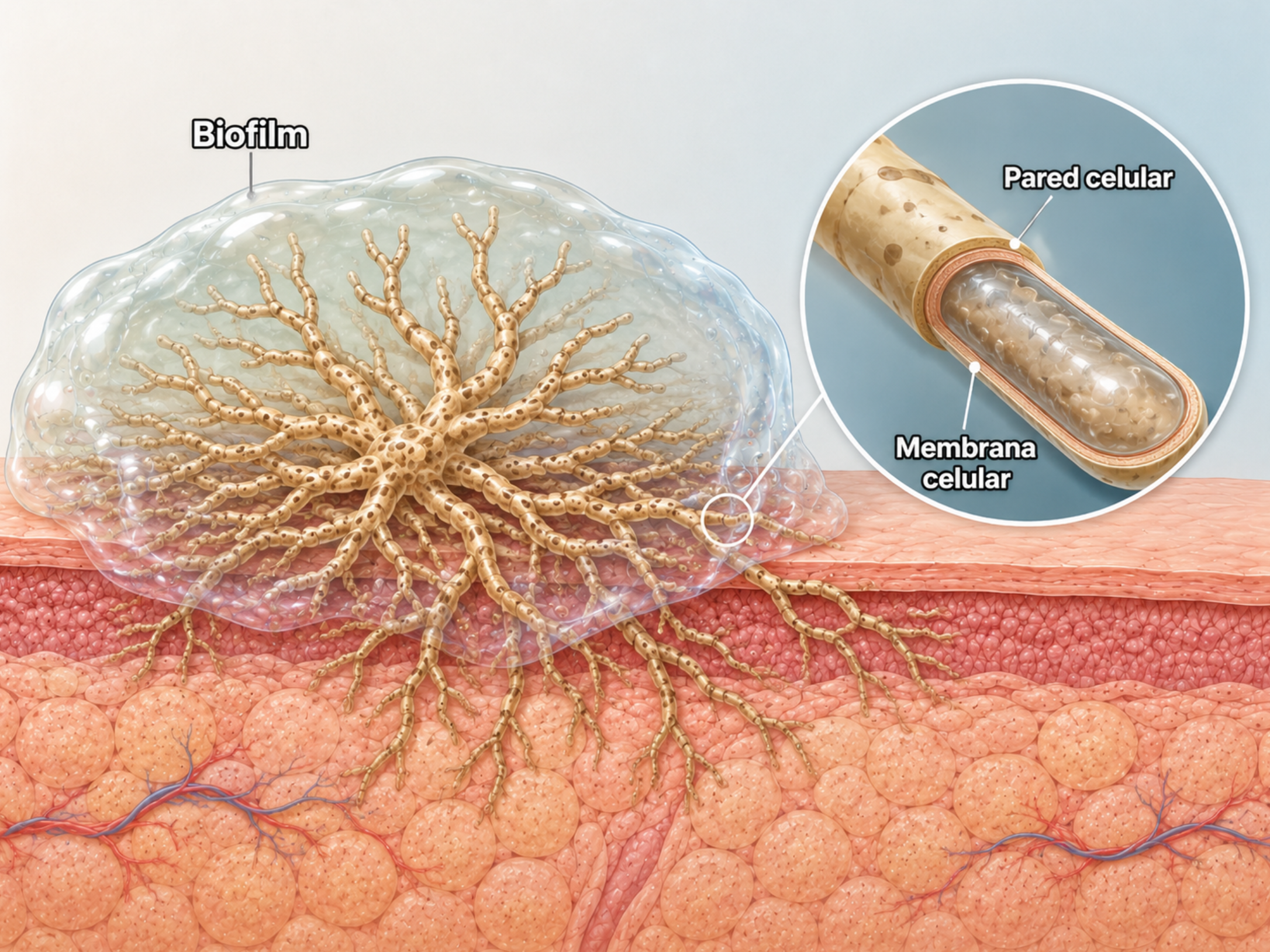 A labeled scientific illustration showing a biofilm growing on a cellular surface, with a magnified inset.