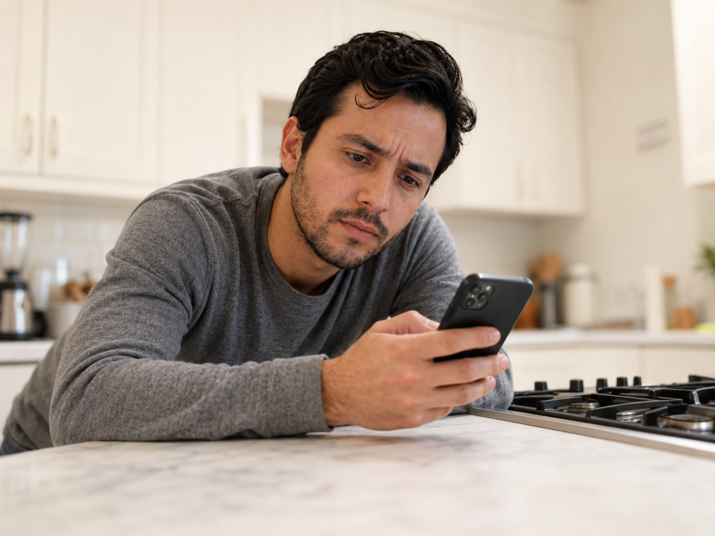 A man with a concerned expression leans on a kitchen counter while looking at his smartphone.