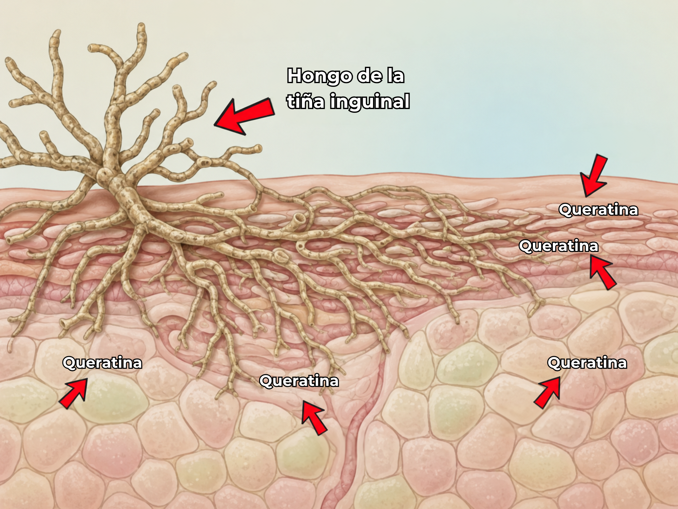 An illustration showing a cross-section of skin with jock itch fungus, labeled in Spanish.