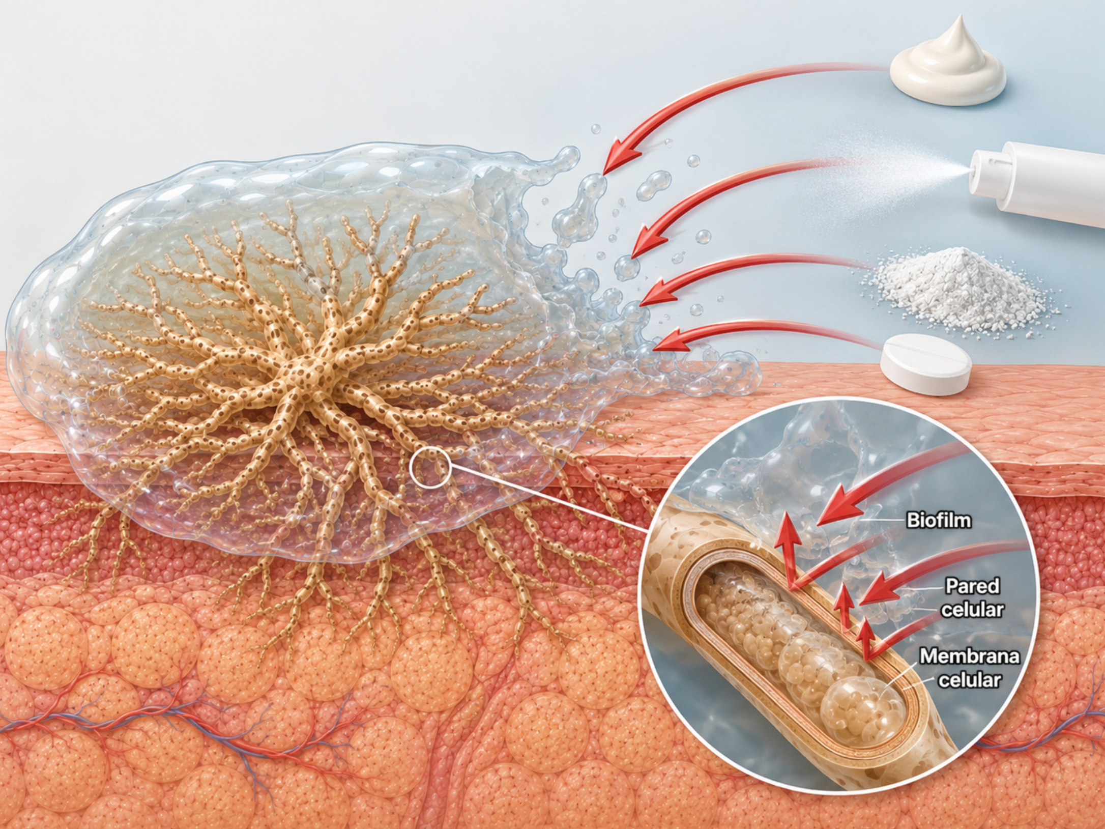 A medical illustration showing medications in various forms attacking a biofilm on the skin, with a cellular diagram.