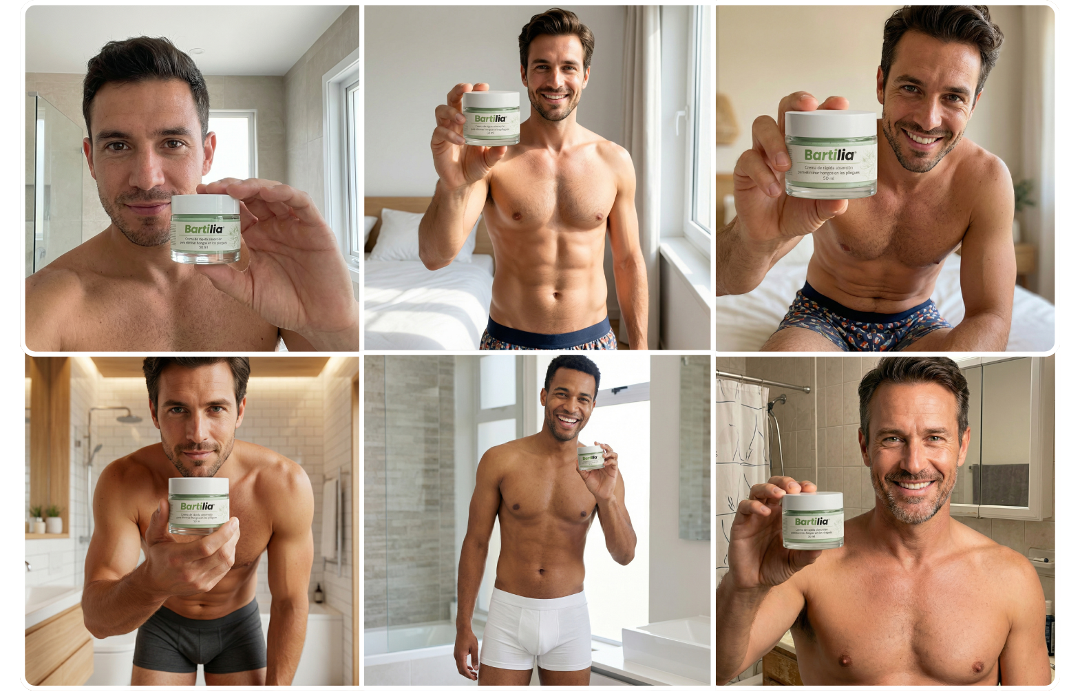 A collage of six photos of different men, shirtless and holding a small jar of Bartilia skincare cream.