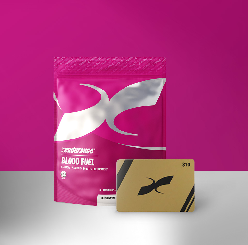 A pink and silver pouch of Xendurance Blood Fuel next to a gold $10 gift card.