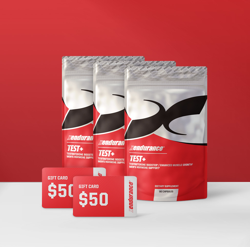 Three pouches of Xendurance TEST+ supplements and two fifty-dollar gift cards against a red background.