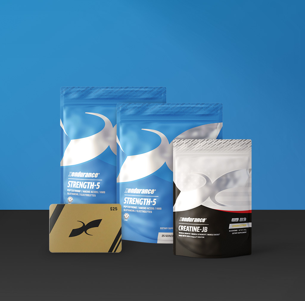 Three supplement packages and a gift card on a blue background.