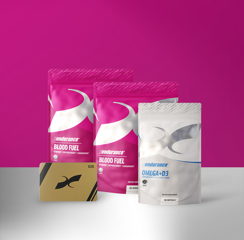 Three Xendurance supplement packages and a $25 gift card against a bright pink background.