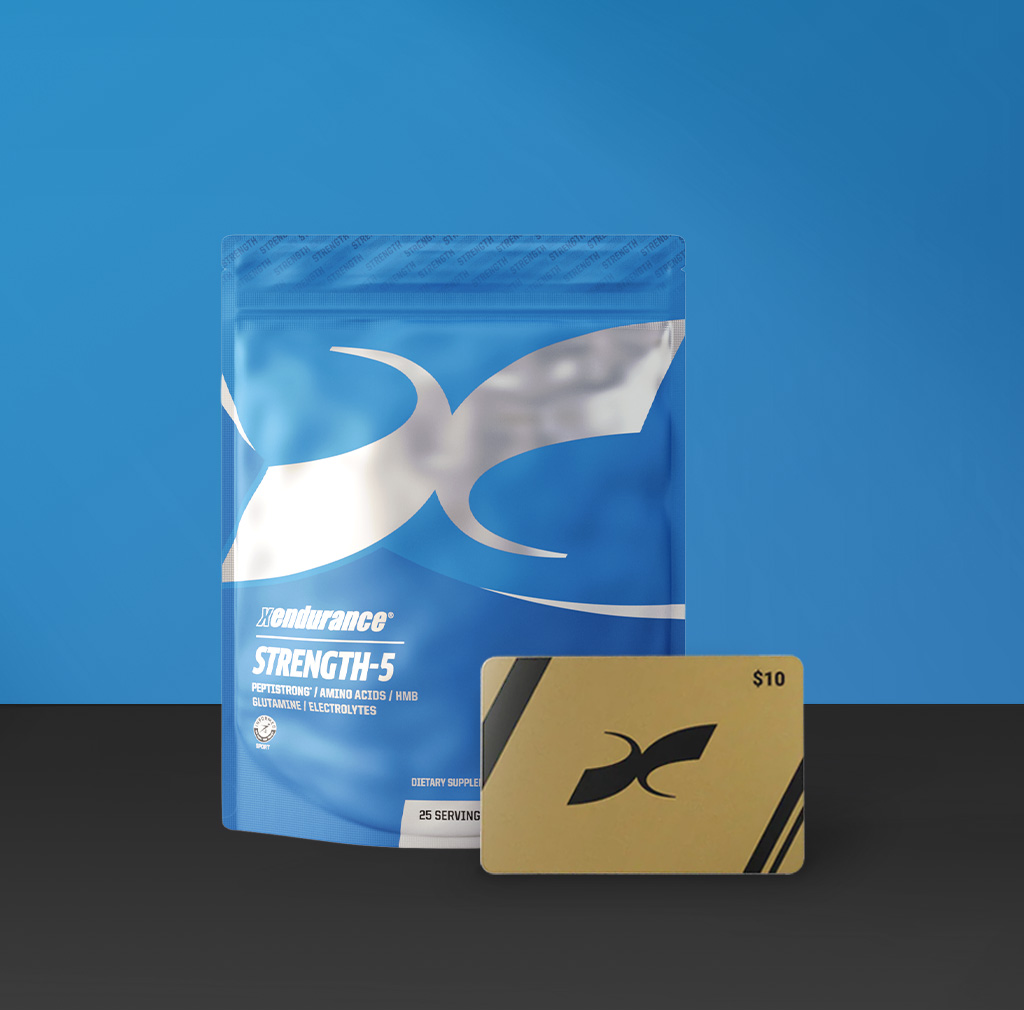 Xendurance Strength-5 supplement pouch and a gold $10 gift card.