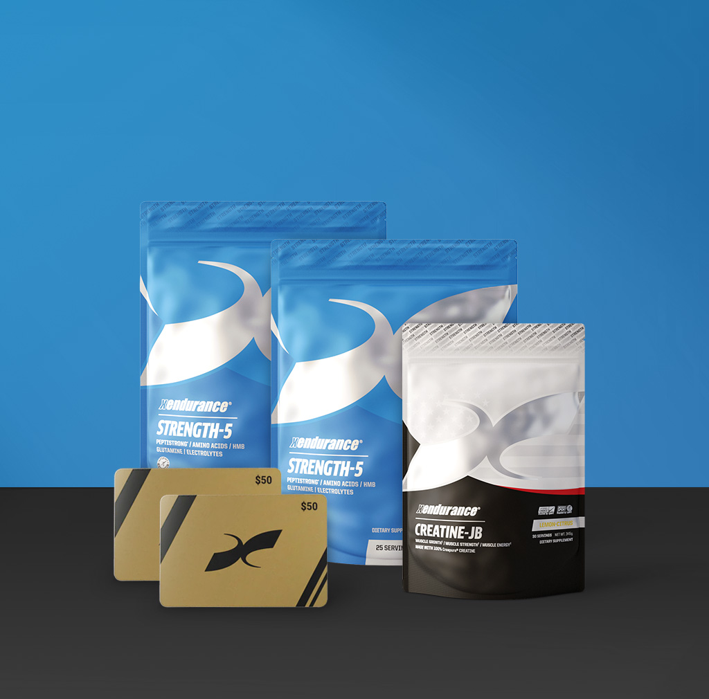Three supplement packages and two gift cards on a blue background.