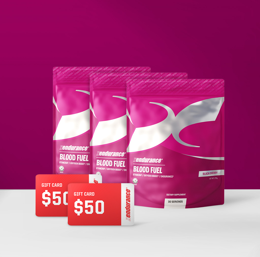Three pouches of Xendurance Blood Fuel dietary supplement with two red $50 gift cards.
