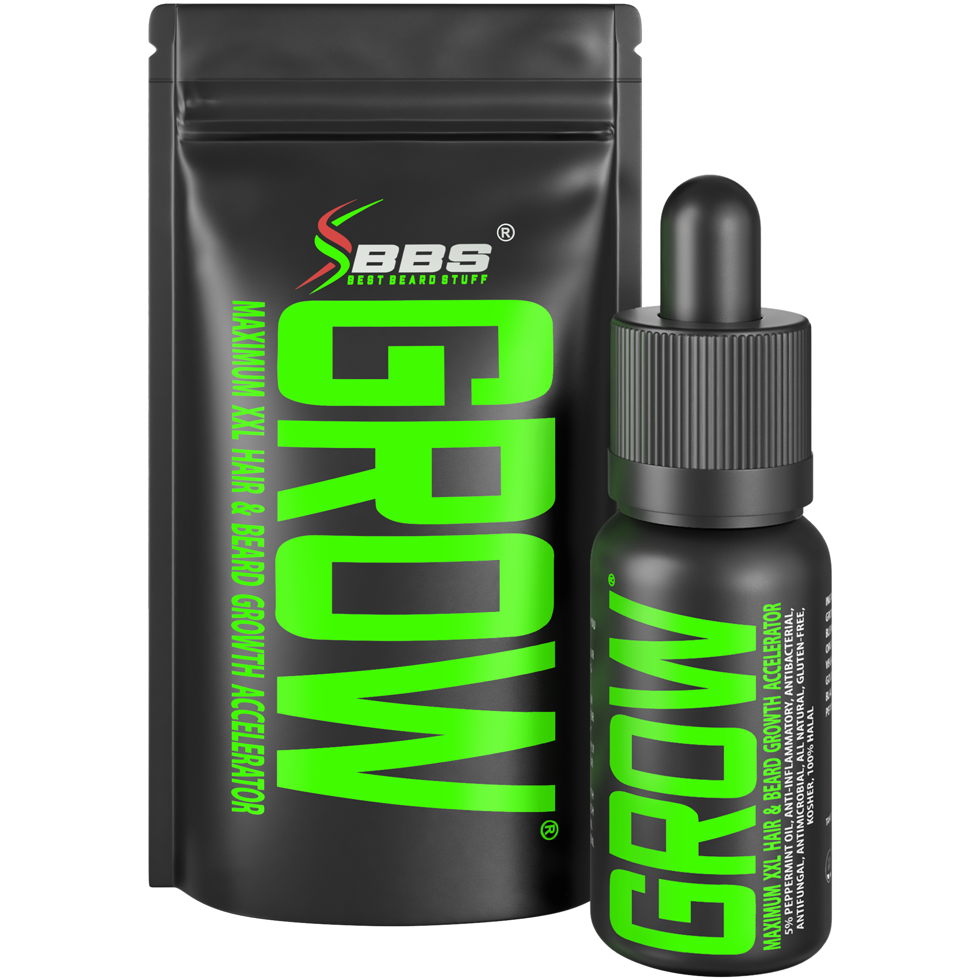 Two black containers labeled 'GROW' with green text, for hair and beard growth.