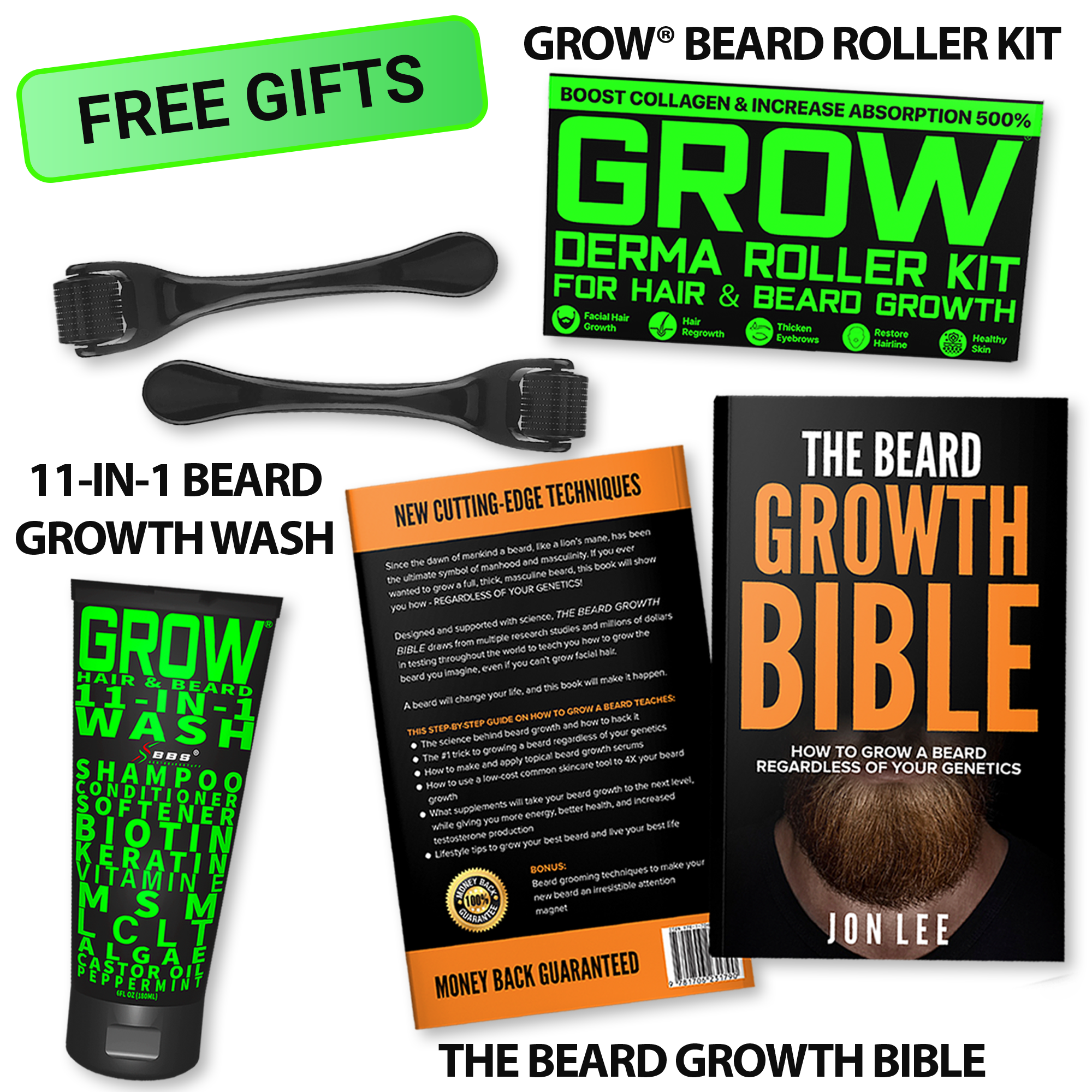 Beard growth kit with derma roller, wash, and book titled 'The Beard Growth Bible.'