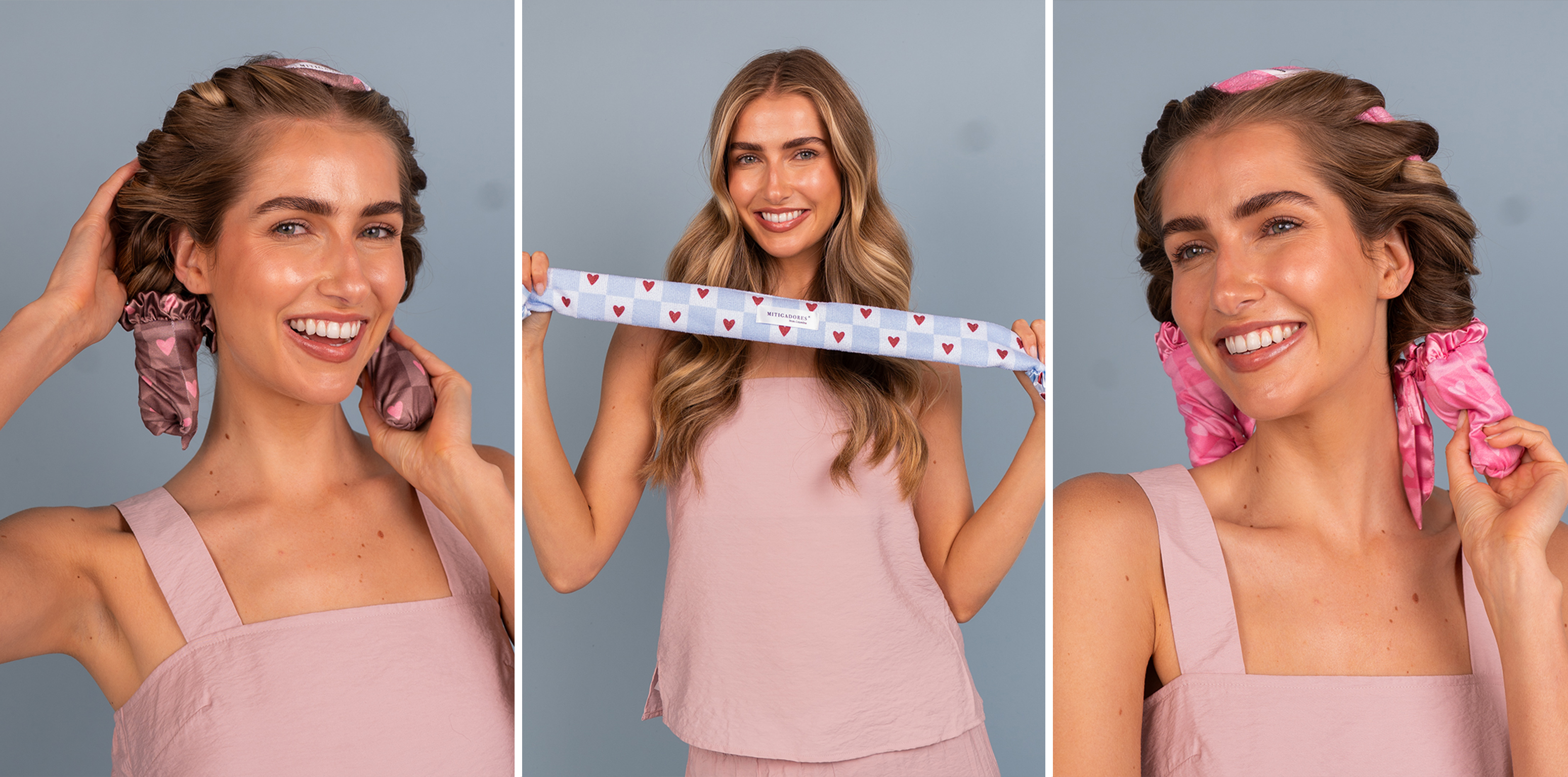 A woman models different styles of heatless fabric hair curlers in a three-panel image.