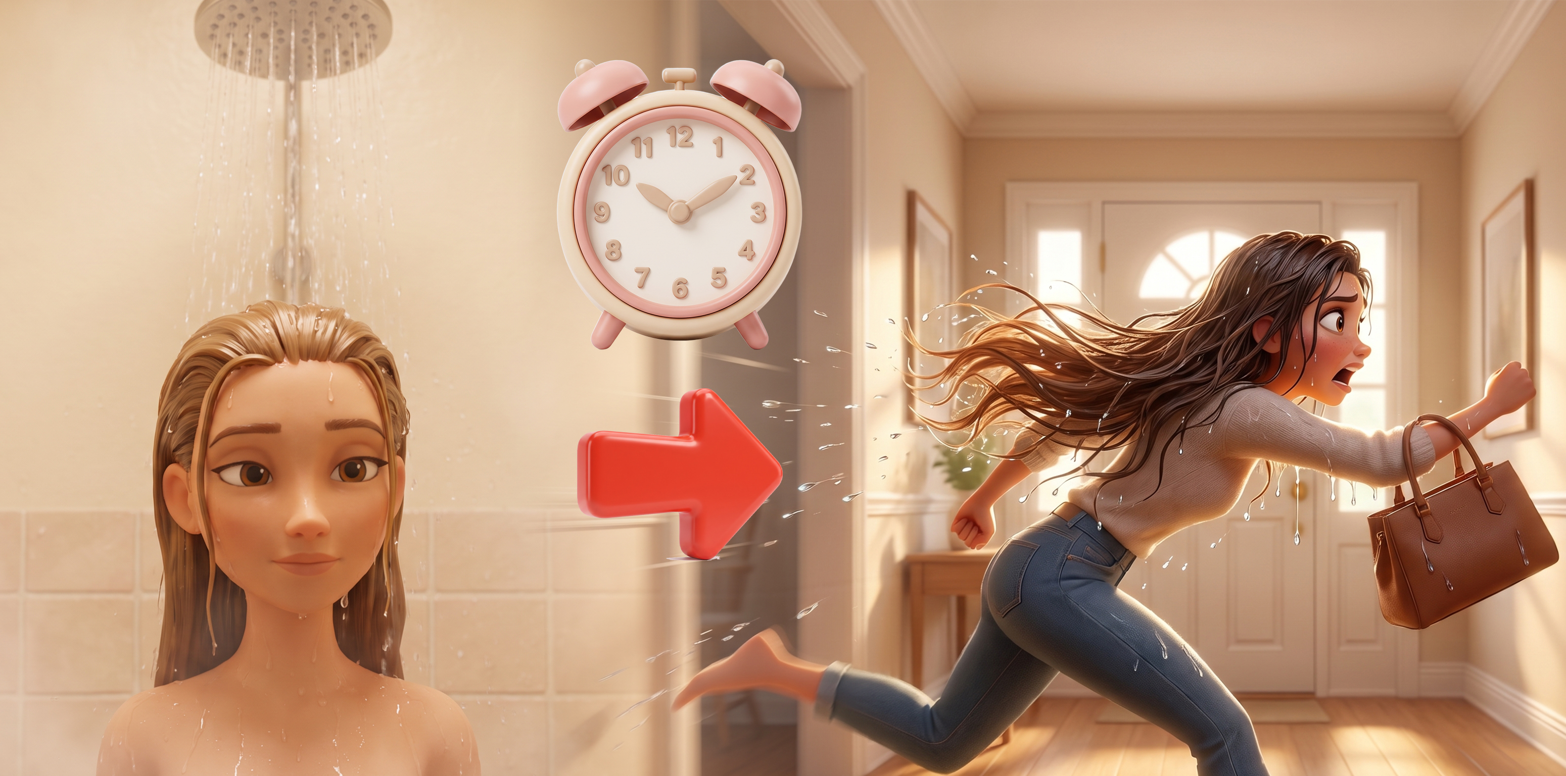 An animated image showing a woman showering and then rushing out the door, still wet and fully dressed.