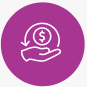 White hand holding dollar coin icon on purple circle background.