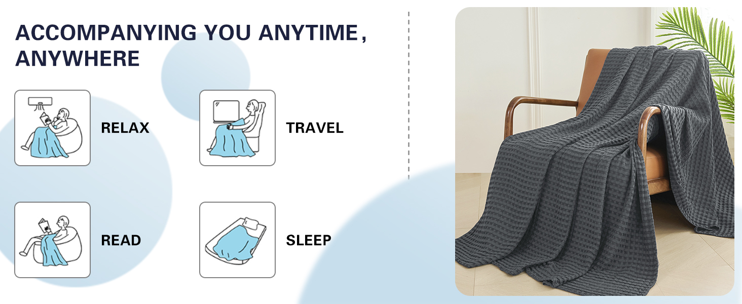 Gray blanket on armchair, icons for relax, travel, read, sleep.
