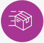 White line drawing of a box on a purple circular background.
