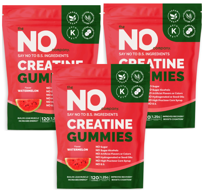Three red bags of watermelon creatine gummies with health benefits highlighted.