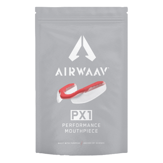 A silver pouch for the AIRWAAV PX1 Performance Mouthpiece, featuring an image of the product.