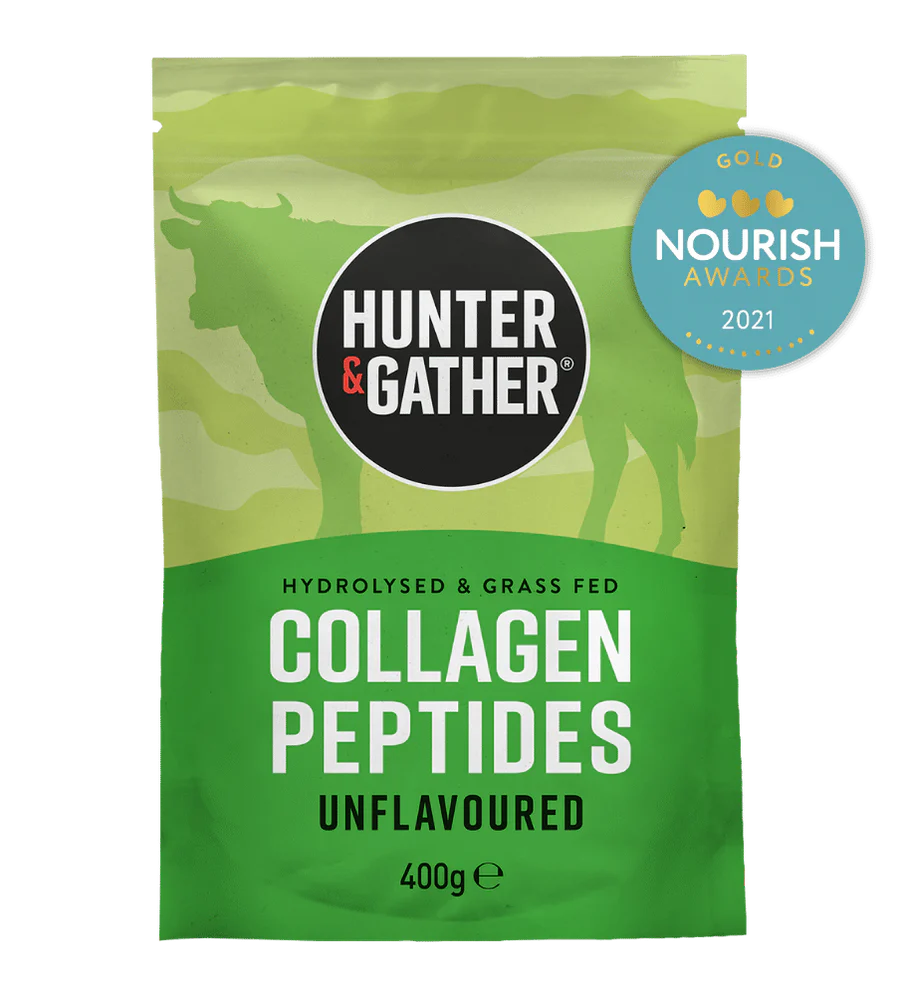 Green package of Hunter & Gather collagen peptides with award badge.
