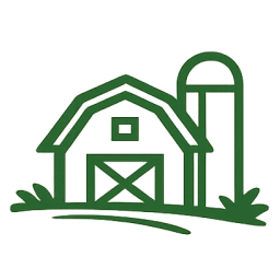 A green icon of a barn and a silo on a patch of grass.
