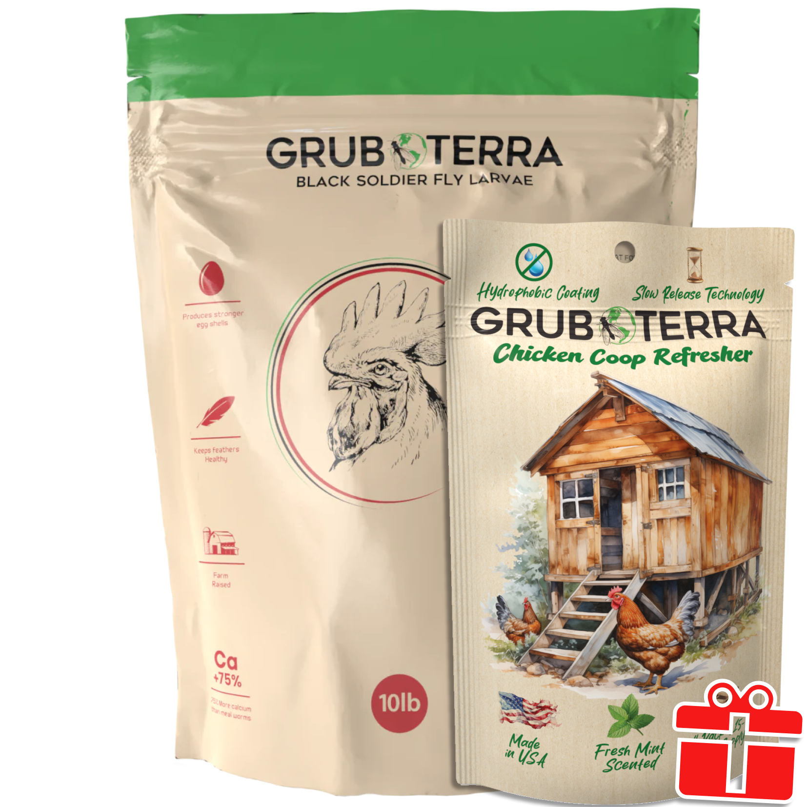 GrubTerra chicken products: Black Soldier Fly Larvae and Coop Refresher with hydroponic coating.