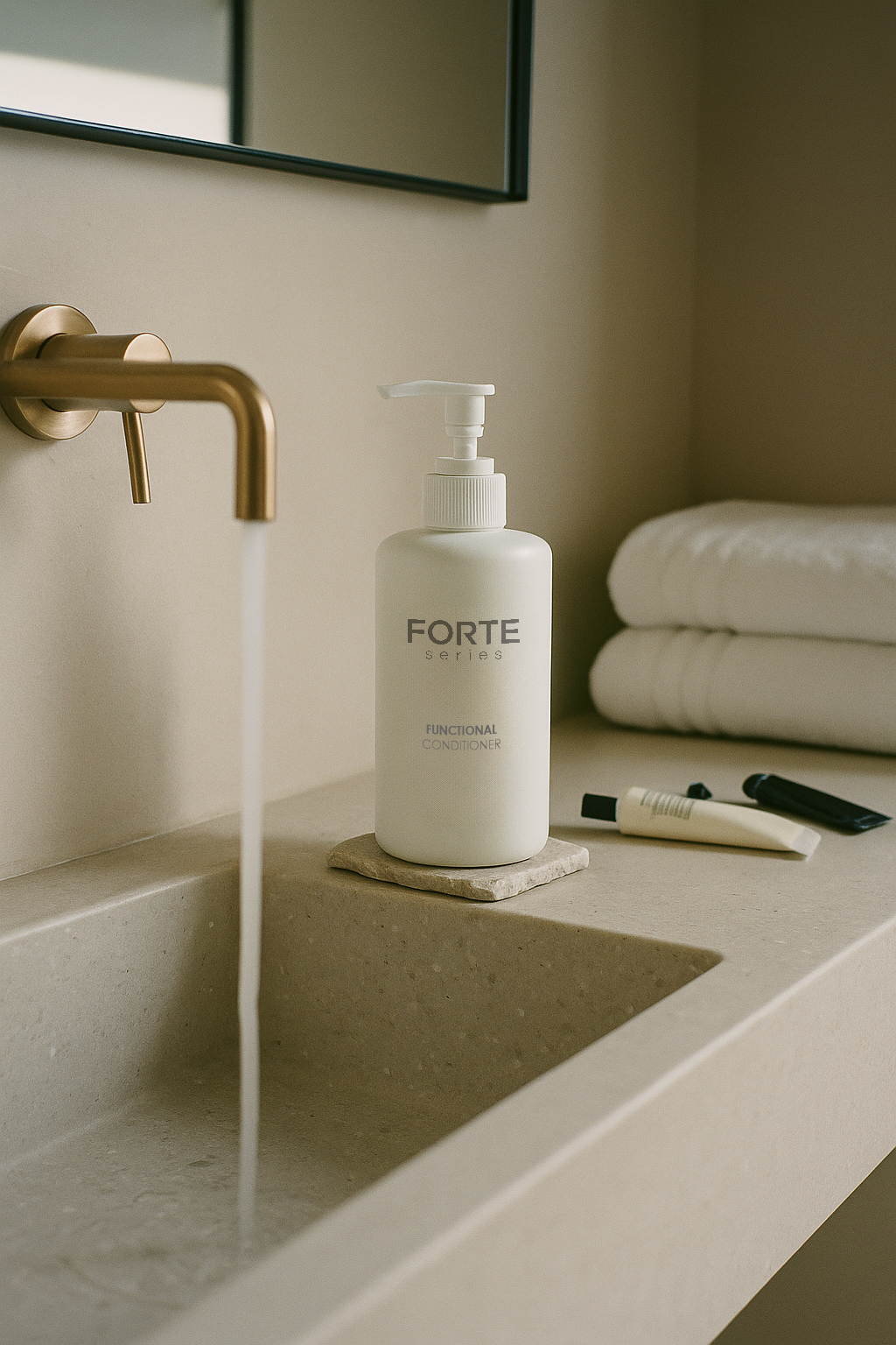 Bathroom sink with running water, conditioner bottle, and folded towels.