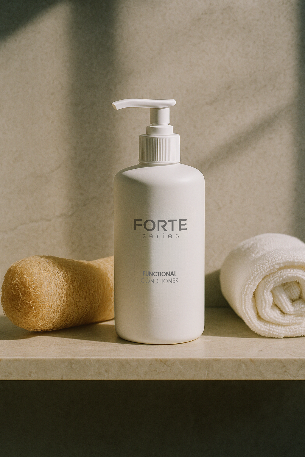 White bottle of conditioner with a loofah and towel on a marble surface.