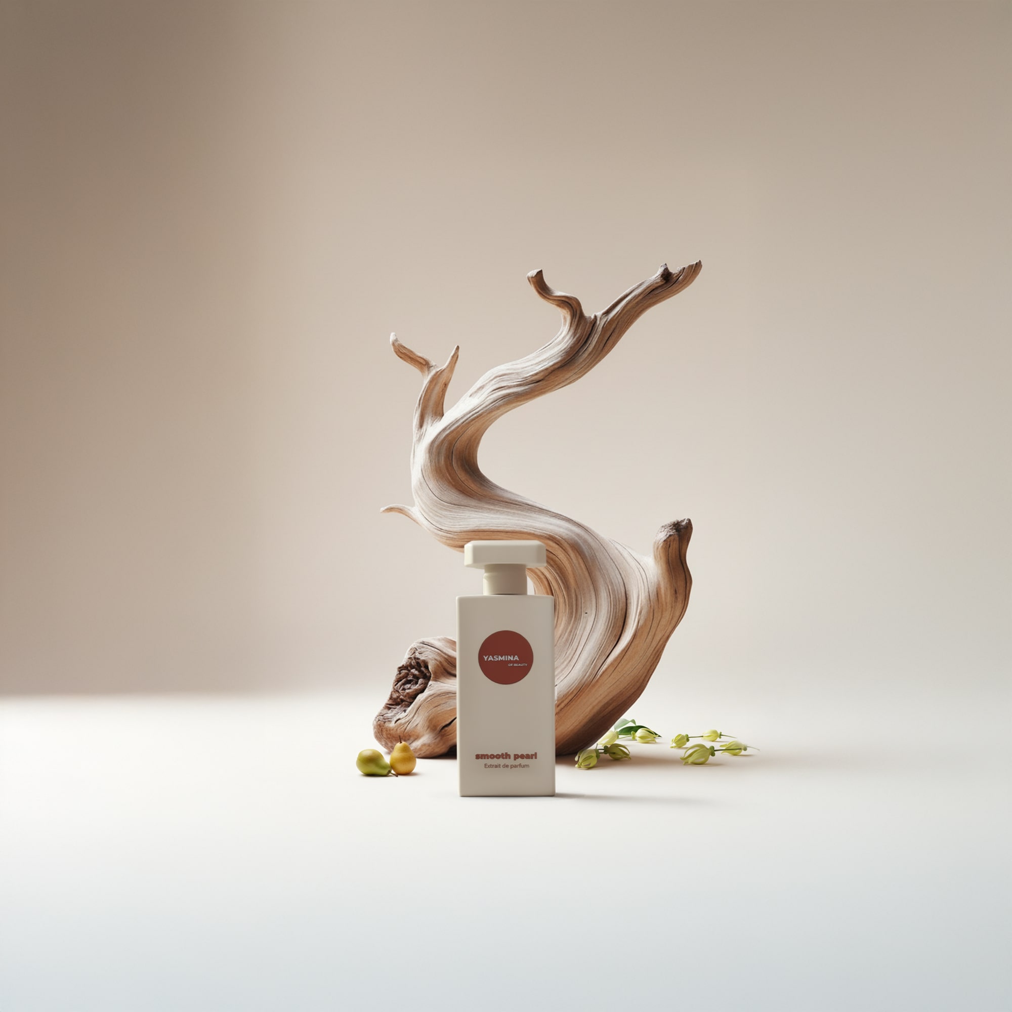Perfume bottle with artistic wood and small plants on light background.
