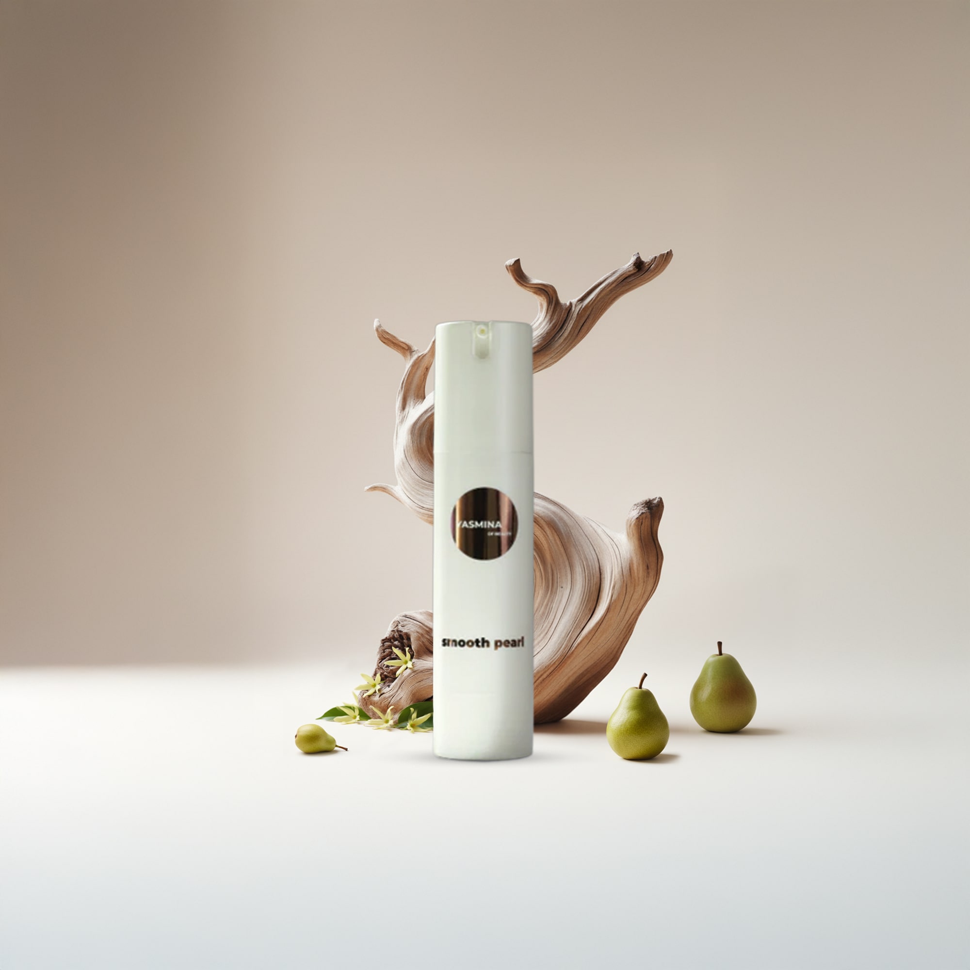 White bottle with 'smooth pearl' label, wood texture, and pears on beige background.