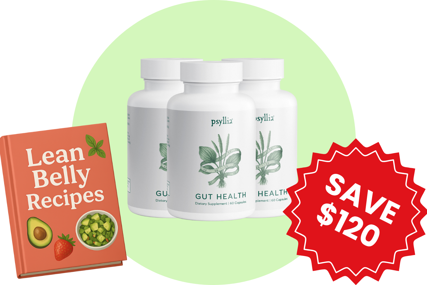 Three supplement bottles, a recipe book, and a red badge with 'Save $120'.