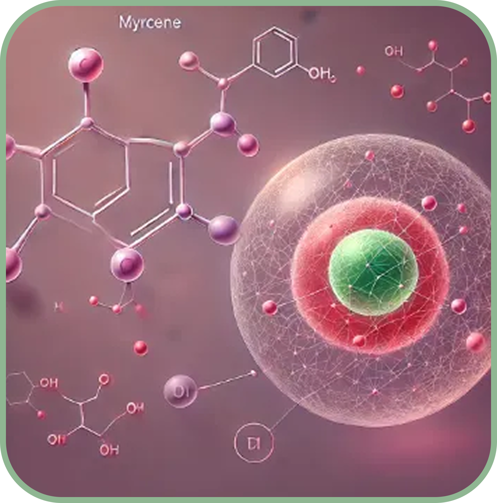 Illustration of myrcene molecule with atomic structures and chemical bonds.