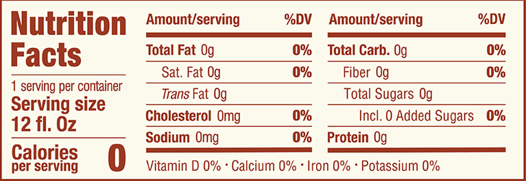 Nutrition facts label with zero values for all nutrients.