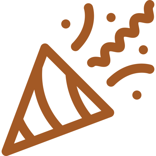 Brown party popper icon with confetti and streamers.