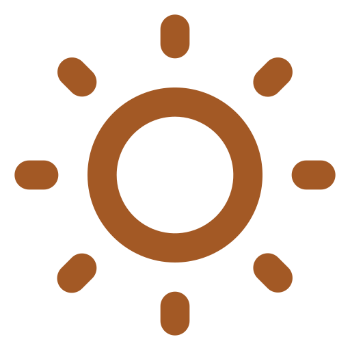 Brown sun icon with rays on a transparent background.