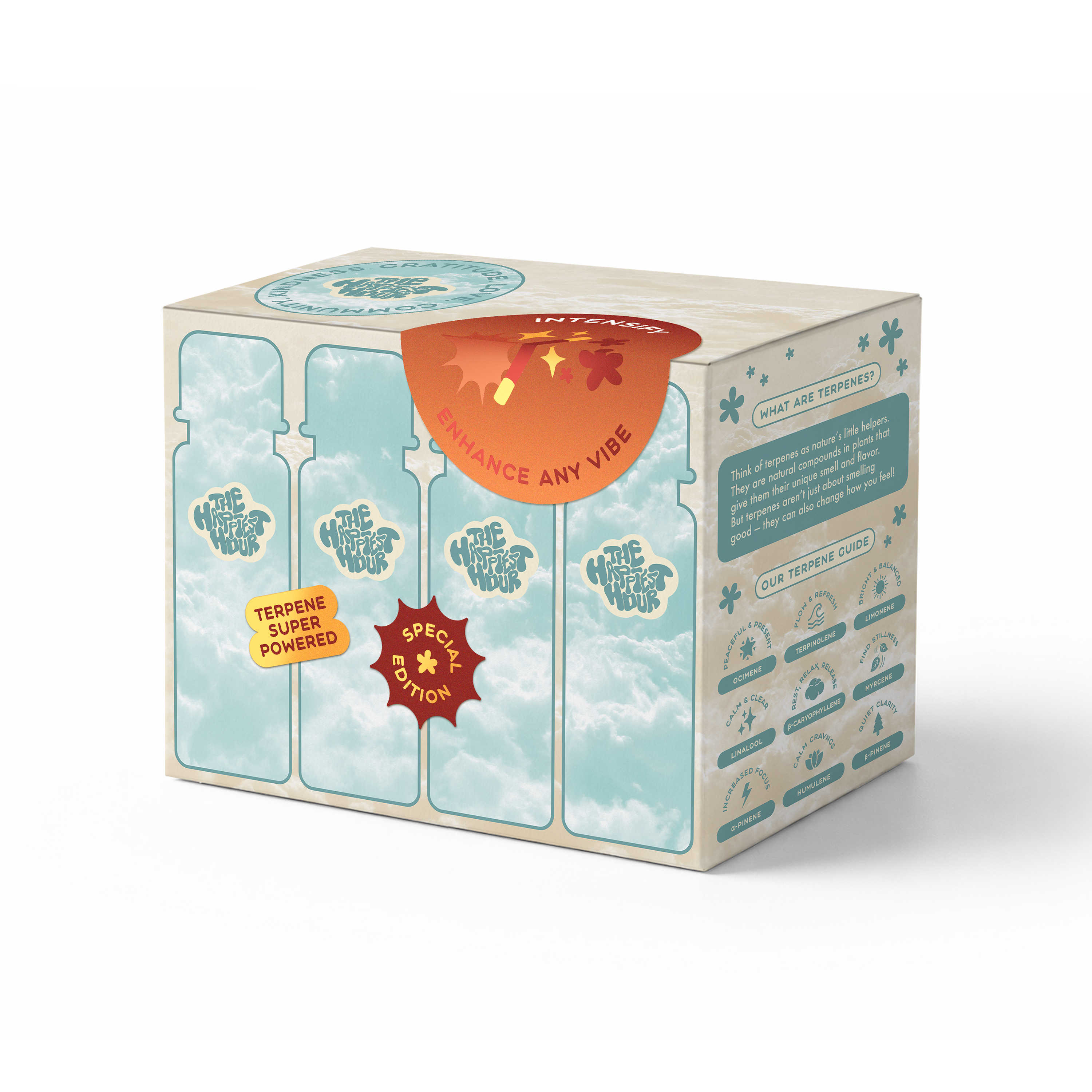 A product box for 'The Happiest Hour' with retro cloud illustrations and a guide to terpenes.