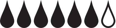 A row of six solid black water drop icons and one outlined water drop icon.