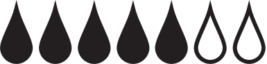 A row of seven droplet icons, five solid black and two black outlines, on a white background.