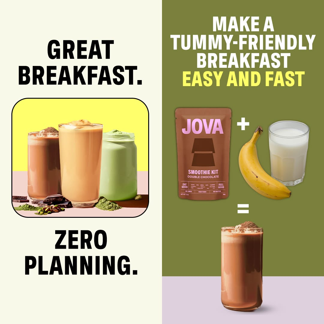 An ad for Jova Smoothie Kits showing how to make a fast and easy breakfast shake.