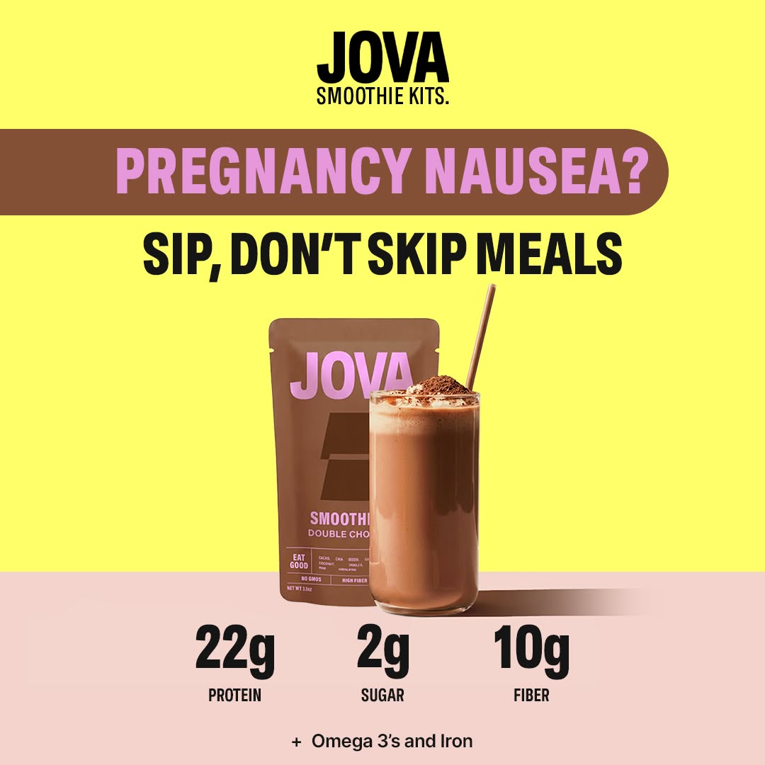 An advertisement for JOVA Smoothie Kits showing a chocolate smoothie next to its pouch and nutritional information.