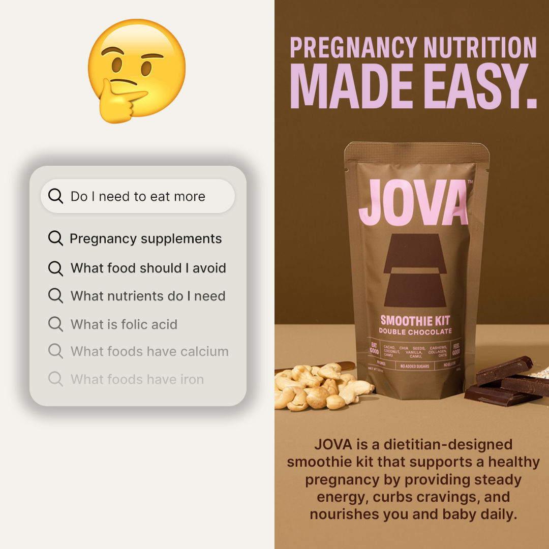 Search suggestions and JOVA smoothie kit packaging with text promoting pregnancy nutrition.
