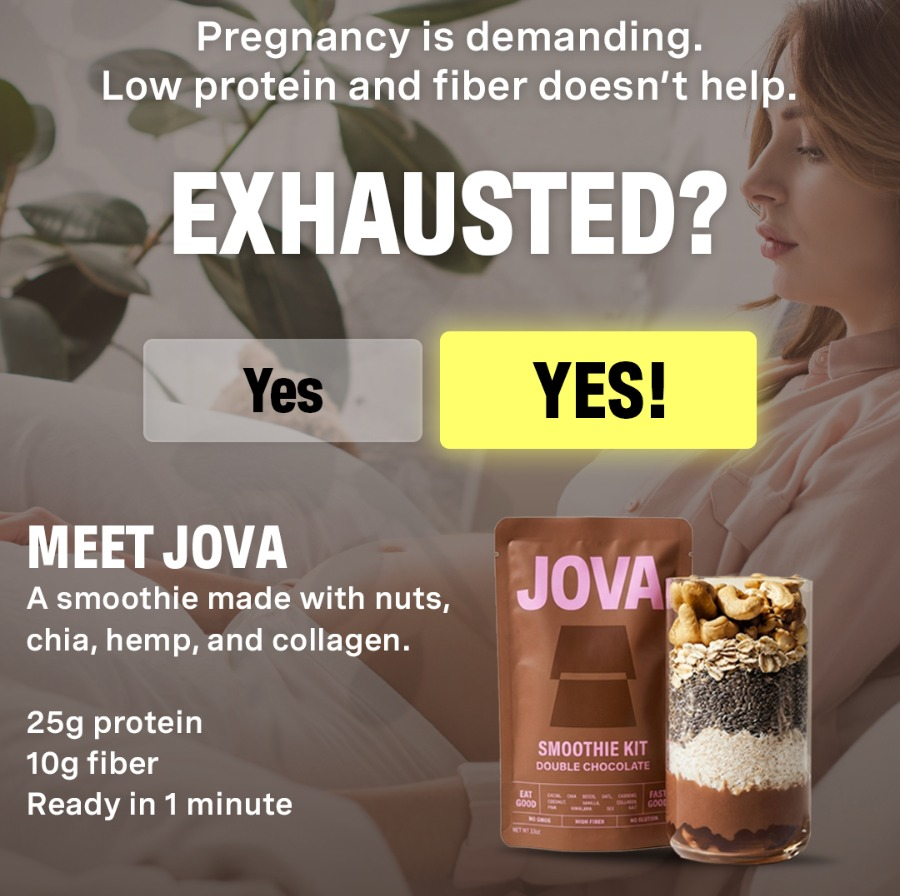 An ad for a Jova smoothie kit, showing the product and its ingredients with a pregnant woman.