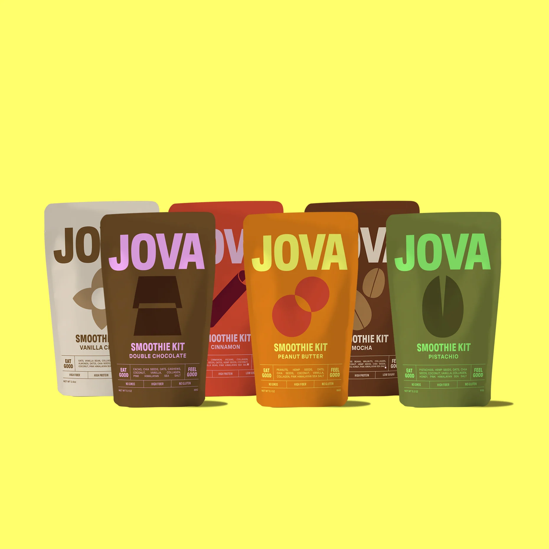 A lineup of six different colored pouches of Jova Smoothie Kits on a bright yellow background.